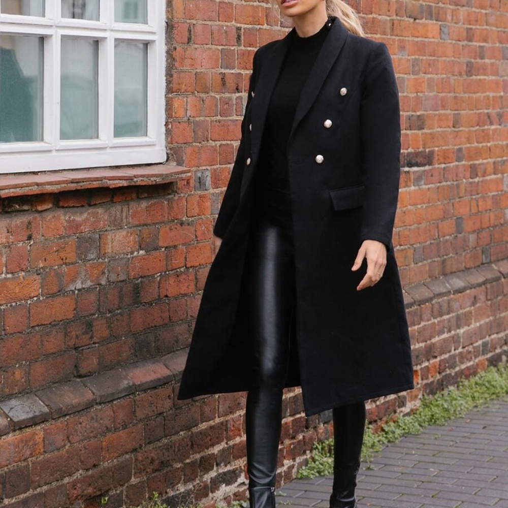 black button down  classic trench pea coat jacket - Picture 6 of 6